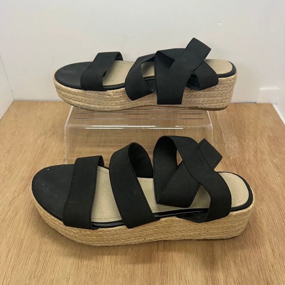 Womens Platform Espadrille Sandals 39 Black Good Elastic Strappy Wedge Unbranded